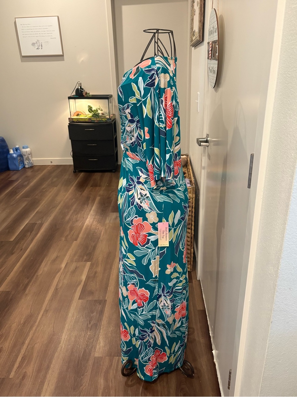 VENUS Teal Floral Knot-Waist Maxi Dress with Coral & Cream Blooms - Picture 9 of 10